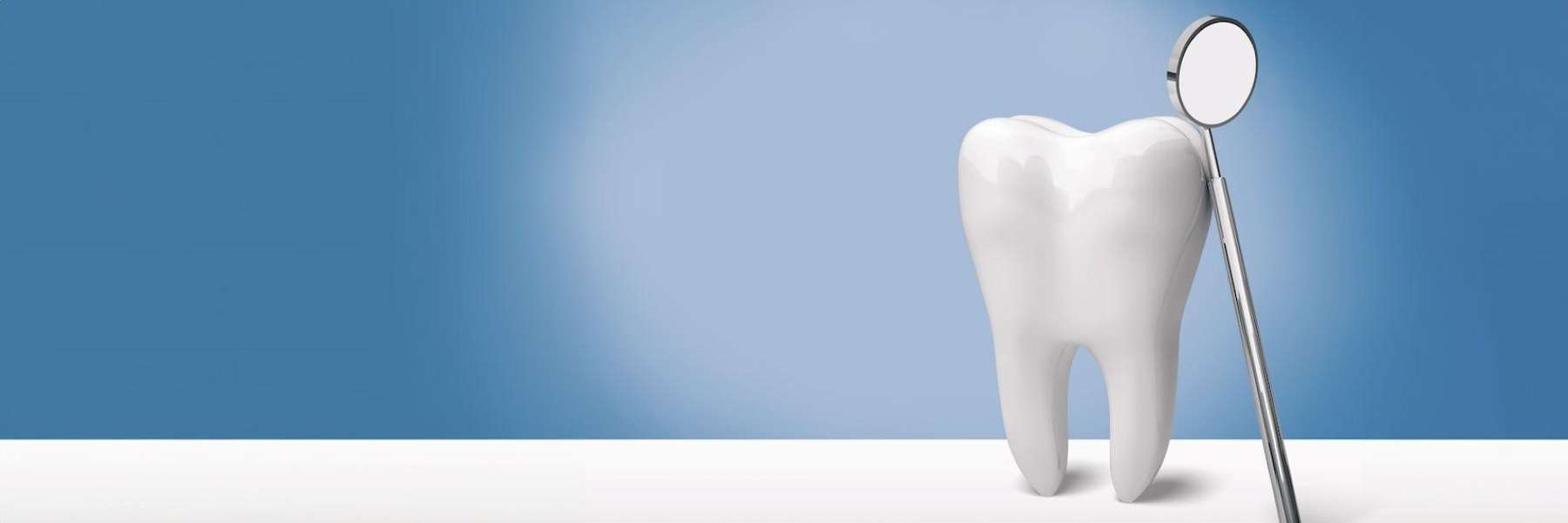 A cartoon tooth with a dental tool